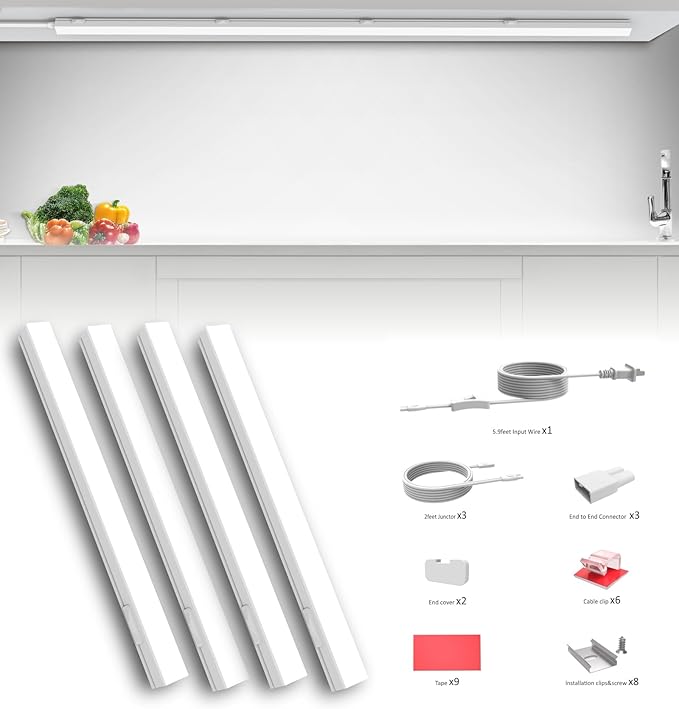 Leetdud Under Cabinet Lighting Plug in, 12 Inch 4 Pcs, Linkable AC120V 3CCT 3000K/4000K/5000K Ultra Slim, LED Under Cabinet Lights for Counter Light, Kitchen, Shelf, Sink, Workshop, Desk, White