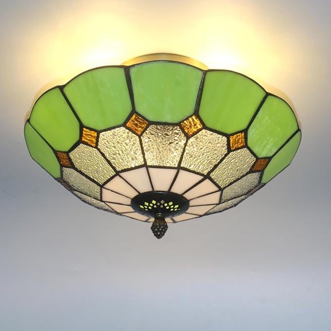 12 Inch Tiffany Style Vintage Stained Glass Ceiling Light Flush Mount Ceiling Light Pendent Chandelier Lighing Fixtures (12 Inch Green)