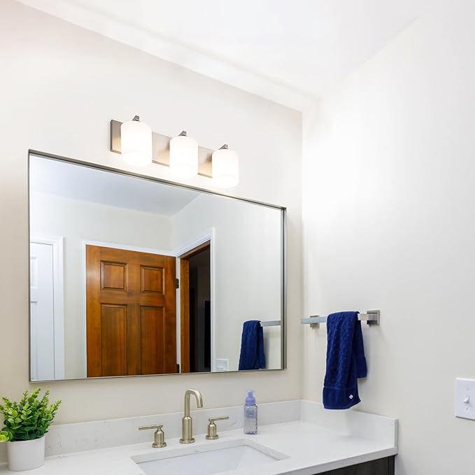 mirrea 22-inch 3-Light Brushed Nickel Vanity Light Fixture for Mirror, Bathroom Wall Sconce with Frosted White Glass Shades