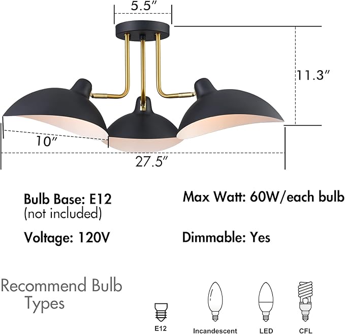 YUBOLE Ceiling Light Semi-Flush Mount, 3-Light Matte Black Multi-Directional Spot Light, Adjustable Rotating Ceiling Lamp for Bedroom, Dining Room, Kitchen, Entryway