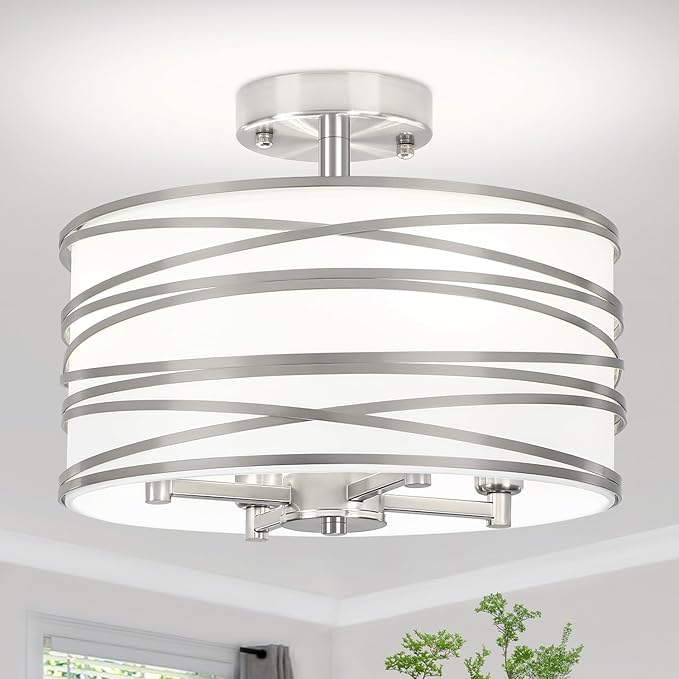 TOULMJ 4-Light Semi Flush Mount Ceiling Light, Brushed Nickel Drum Chandelier with White Fabric Shade, Modern Farmhouse Light Fixtures for Kitchen Island Laundry Room Hallway Dining Room