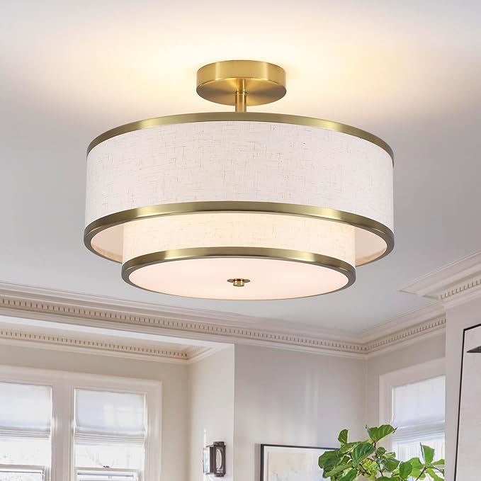 Semi Flush Mount Ceiling Light, 3-Light Double Drum Ceiling Light Fixture with Fabric Shade, Farmhouse Chandelier Dining Room Light Fixture for Bedroom, Kitchen, Hallway (Gold)
