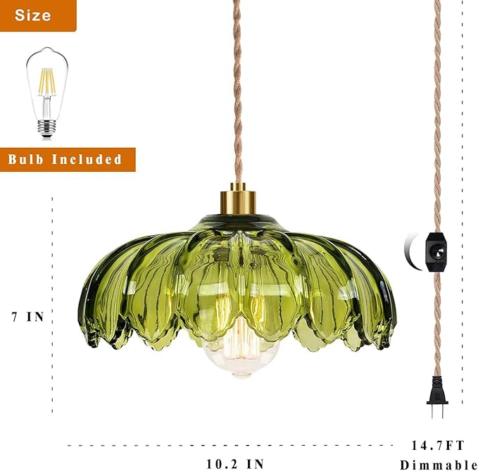 QIYIZM Plug in Pendant Light Hanging Lights with Plug in Cord Boho Hanging Lamp Glass Gold Mid Century Modern Vintage Dimmable Green Flower Plug in Chandelier Ceiling Fixture for Living Room,Kitchen