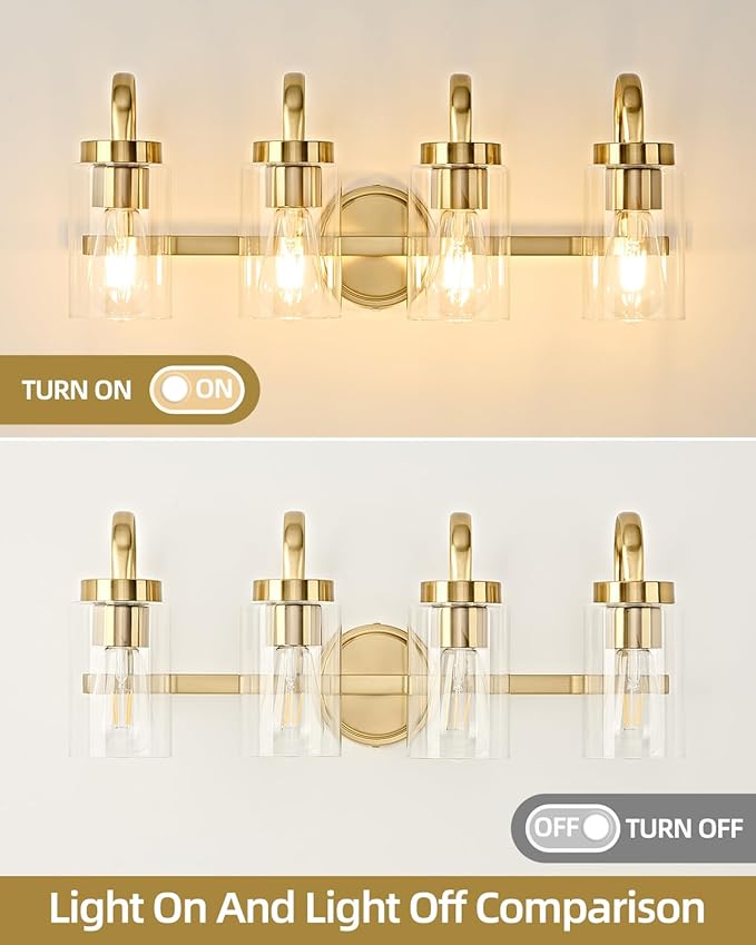 4 Light Bathroom Vanity Light, Gold Vanity Lights for Bathroom, Modern Light Fixtures Over Mirror with Clear Glass Shade, Wall Sconce Lighting for Bedroom
