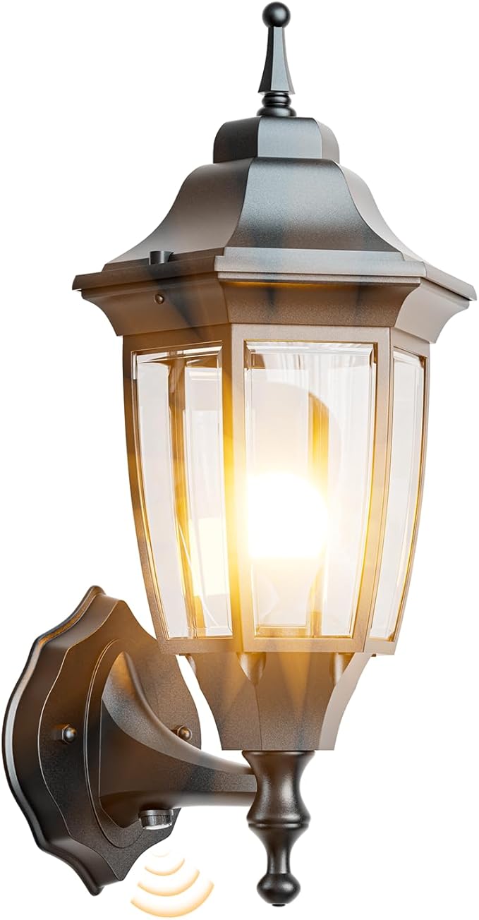 EMART Dusk to Dawn Outdoor Porch Light, Exterior Anti-Corrosion, Waterproof Aluminum & Glass Shades Wall Lamp Fixture, Modern Sconce Lantern for Yard, House, Garage - 1 Pack, Black （Bulb Included）