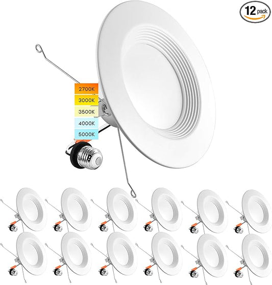 LUXRITE 5/6 Inch LED Recessed Retrofit Downlight, 14W=90W, CCT Color Selectable 2700K | 3000K | 3500K | 4000K | 5000K, Dimmable Can Light, 1100 Lumens, Wet Rated, Energy Star, Baffle Trim (12 Pack)