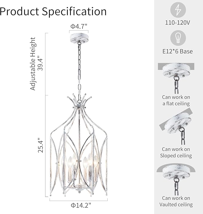 WUZUPS Lantern Pendant Chandelier Rustic Metal Cage Light Modern Lighting Fixture for Kitchen Diningroom Bathroom Livingroom, H 25.4" x W 14.2", E12 Base, Anqitue Whiute
