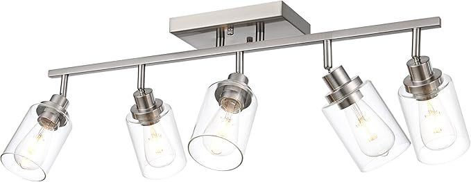 5 Light Multi-Directional Track Lighting Kit Brushed Nickel Kitchen Track Lighting Fixtures Ceiling Vanity Light Fixture with Clear Glass, Modern Rotatable E26 Spotlight for Kitchen Bathroom Hallway