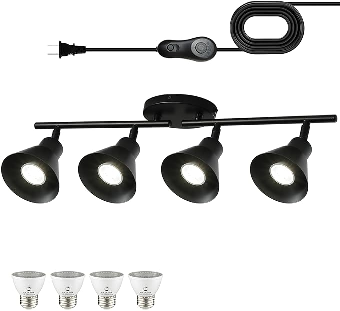 4 Light Plug in Track Lighting Kit,Modern Plug in Ceiling Light Fixture,16.4ft Cord,Timer & Dimming Switch,4 Way Ceiling Spot Lighting,Flexibly Rotatable Light Head (Black)