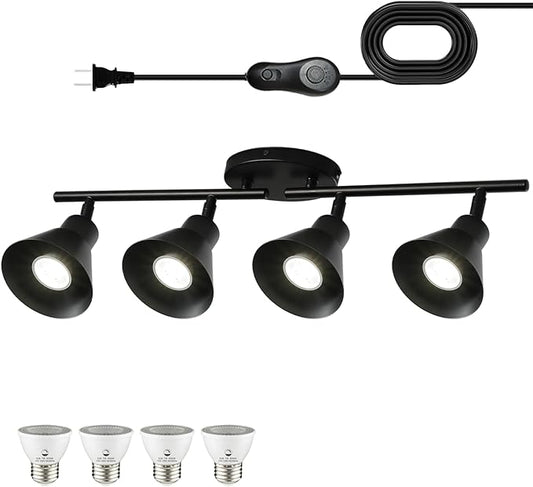 4 Light Plug in Track Lighting Kit,Modern Plug in Ceiling Light Fixture,16.4ft Cord,Timer & Dimming Switch,4 Way Ceiling Spot Lighting,Flexibly Rotatable Light Head (Black)