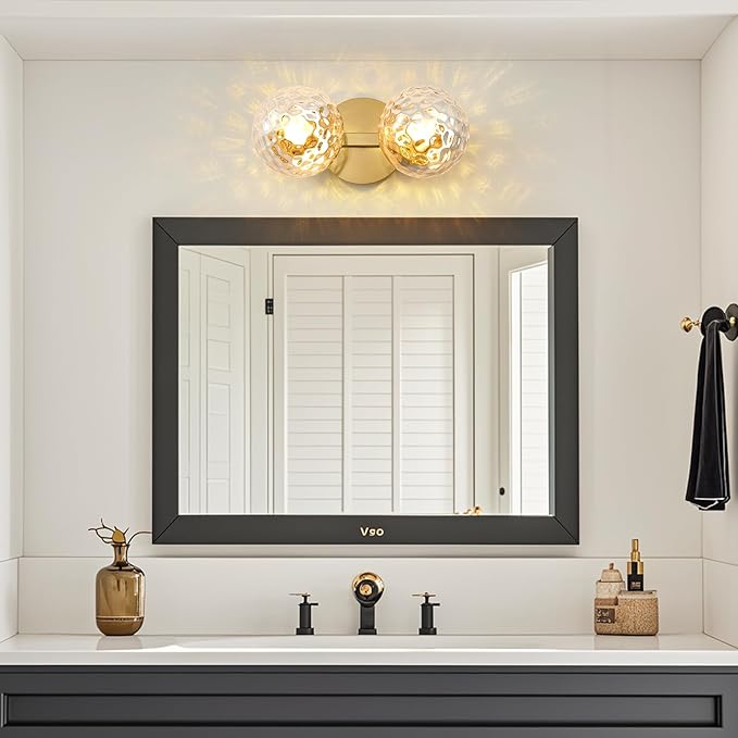 Gold Bathroom Vanity Light Fixtures: Modern Wall Scones With 2 Hammered Clear Glass Shades - Globe Makeup Lighting Fixture over Mirror - Brass Ball Powder Room Vanities Lights for Hallway Bedroom