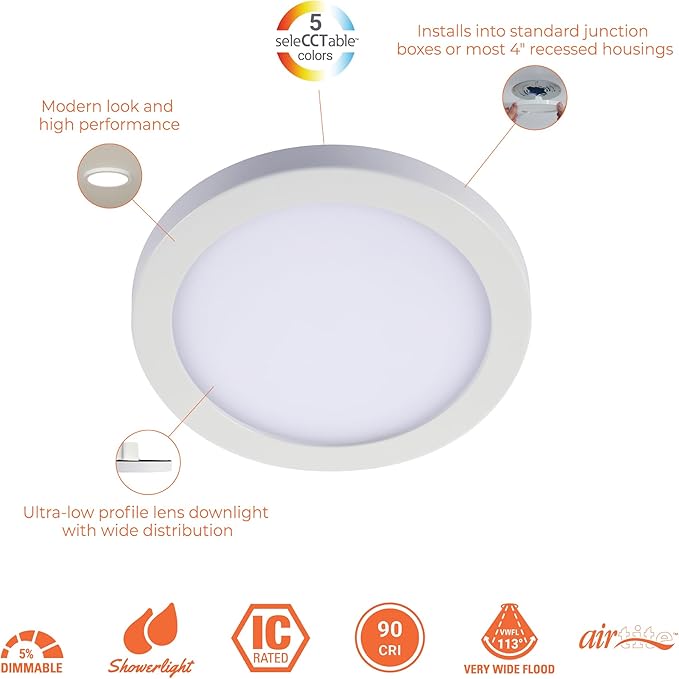 HALO 4 in Round Integrated LED Surface Mount Recessed Downlight Trim 6-Pack, Selectable CCT 2700K-5000K, Wet Rated for Shower and Outdoor Lighting Applications, Energy Star, White - SMD4R07FS5-6PK