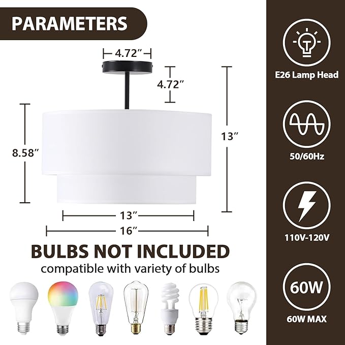 3-Light Semi Flush Mount Ceiling Light Fixture, 16 inch Drum Light Fixture with 2-Layer White Drum Fabric Shade, Entryway Ceiling Light Fixtures for Bedroom Dining Room