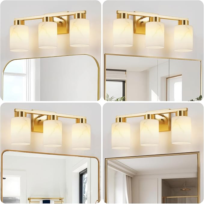 3-Light Bathroom Light Fixtures, Modern Vanity Lights, Gold Metal Wall Lamp with White Marble Glass for Bathroom, Mirror, Living Room, Bedroom, Cabinet, Porch, Hallway, E26 Base
