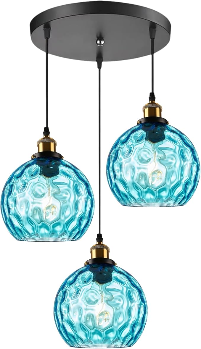 3 light Cluster Pendant Light, Mid Century Modern Dining Room Light Fixtures over Table, Kitchen Island Lights Ceiling Hanging Black, Blue Hammered Glass Chandelier Multi Pendant Light Fixture
