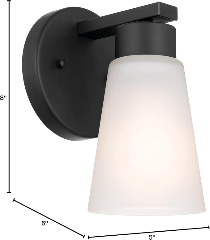 Kichler Stamos Wall Sconce 1-Light with Satin Etched Glass, Modern Bathroom or Hallway Light in Black, (8" H x 5" W x 6" D)