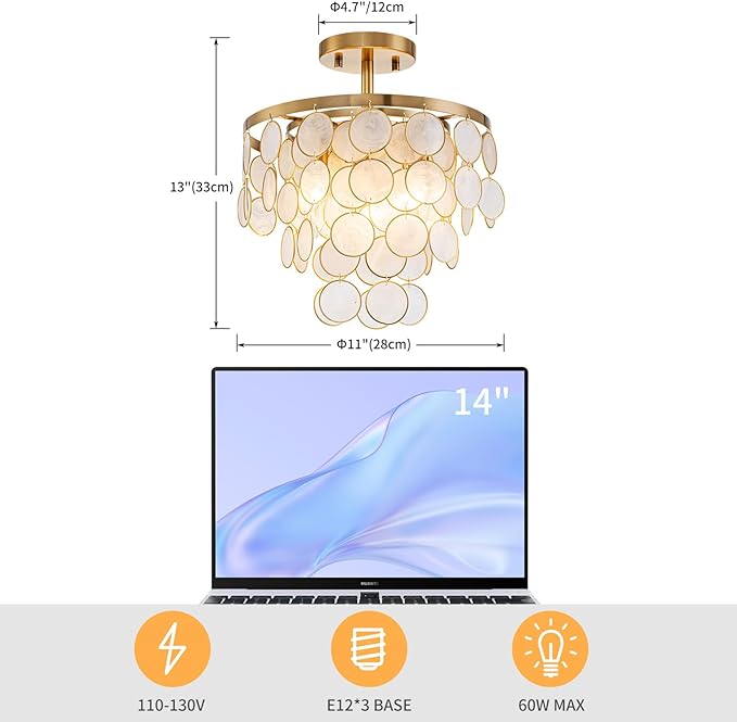 D11 inch Capiz Shell Ceiling Light, 3-Light Coastal Design Semi-Flushmount Light Fixture for Dining Room, Hallway, Bedroom, D11xH13 in, True Capiz Shell & Gold Finish Frame