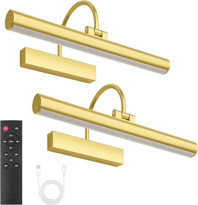 Bridika Picture Light for Wall with Remote, Rechargeable Battery Operated Picture Light, 3 Color Modes and Dimmable Classic Art Lights for Paintings, Gallery, Bedroom, Bathroom with Timer Gold 2