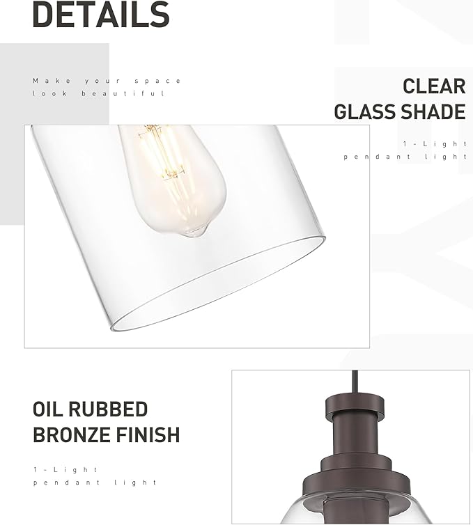 zeyu 2 Pack Farmhouse Hanging Pendant Lights Kitchen, Large Kitchen Pendant Lighting Over Island, Clear Glass Shade, Oil Rubbed Bronze Finish, ZG33M1L-2L ORB