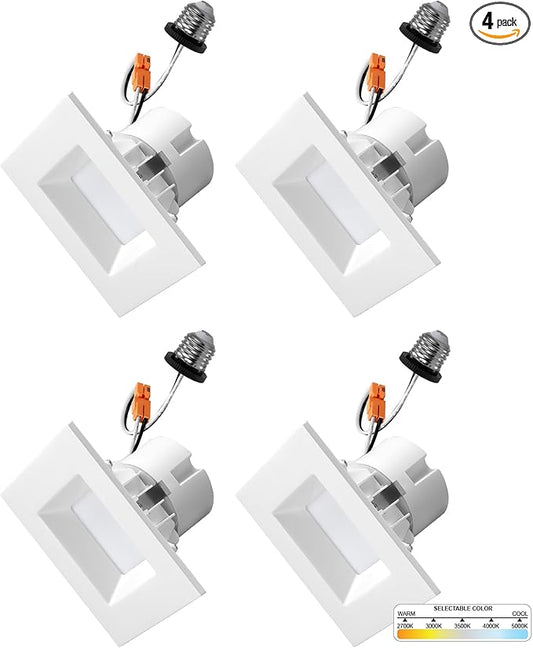 NUWATT 4 Pack, 4 Inch Retrofit LED Square Recessed Lighting, 5CCT 2700K/3000K/3500K/4000K/5000K Selectable, 750 Lumens 11W, Dimmable Ceiling Light, White Square Trim Can Light, Wet Rated, ETL Listed
