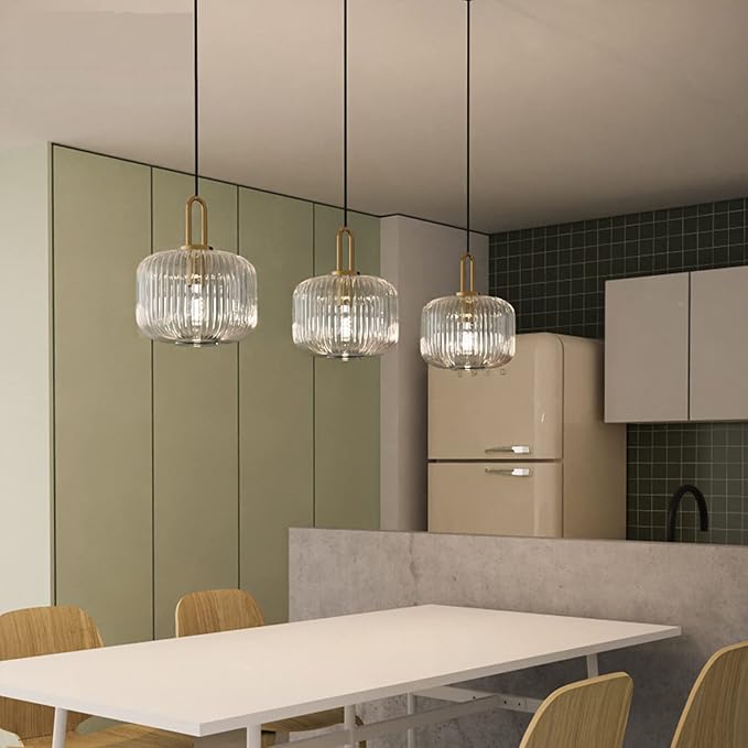 Industrial Vintage Pendant Lighting with Ribbed Glass Lamp Shade and Bronze Finish, Modern Retro Ceiling Light Hanging Lamp for Bedside Dining Table Kitchen Island (Transparent, 7.9")