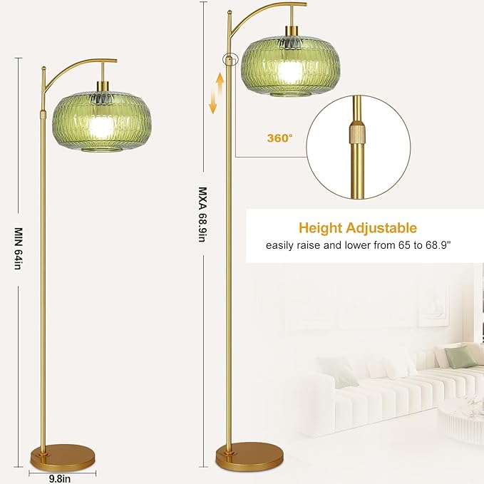 QIYIZM Green Floor Lamp for Living Room,Bedroom,Gold Dimmable Standing Lamp with Remote,Mid Century Modern Brass Tall Lamp Boho Floor Lamps Arc Stained Glass Floor Light Lamp Girls Bohemian