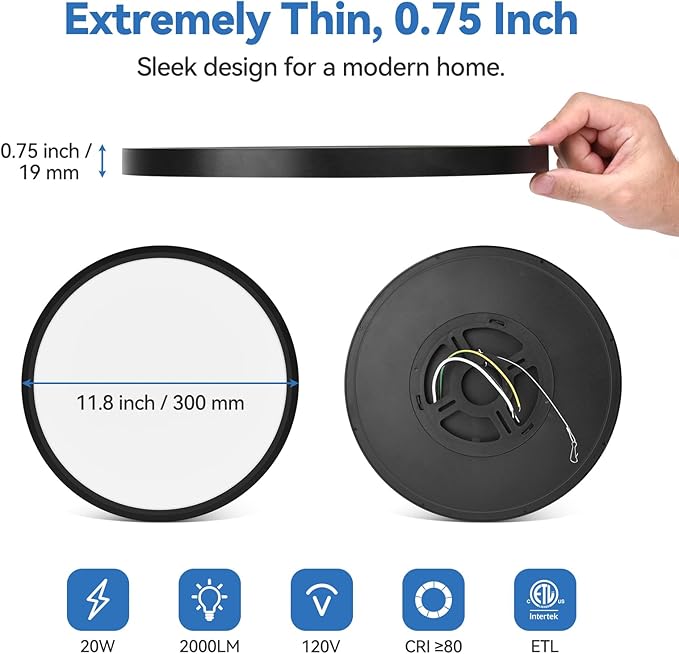 CycevSun 12 Inch Black Flush Mount Ceiling Light, Dimmable & 3000K/4000K/5000K Selectable, 20W Low Profile Ultra Thin, 2000LM, ETL Listed, 4 Pack