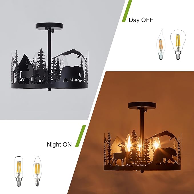 Rustic Farmhouse Semi-Flush Mount Ceiling Light Fixture,3-Light E12 Base Black Round Metal Light Fixtures for Kitchen, Foyer, Living Room, Industrial Style with Deer, Bear, and Tree Design-Rimless