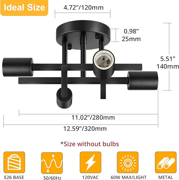 SunRider Industrial 4-Light Semi Flush Mount Ceiling Light Fixture, Modern Farmhouse Lights Matte Black, Rustic Sputnik Chandelier for Bedroom Foyer