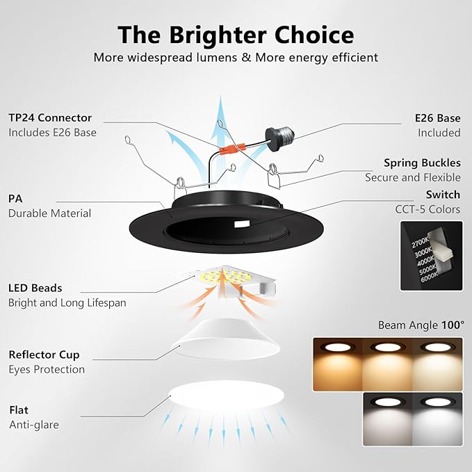 LVWIT 6 inch Black LED Recessed Lighting, Slim Can Lights, 9W=120W,1000LM, 5CCT Color Selectable, Dimmable Downlight with E26 Conversion Kit, 12Pack,IC Rated