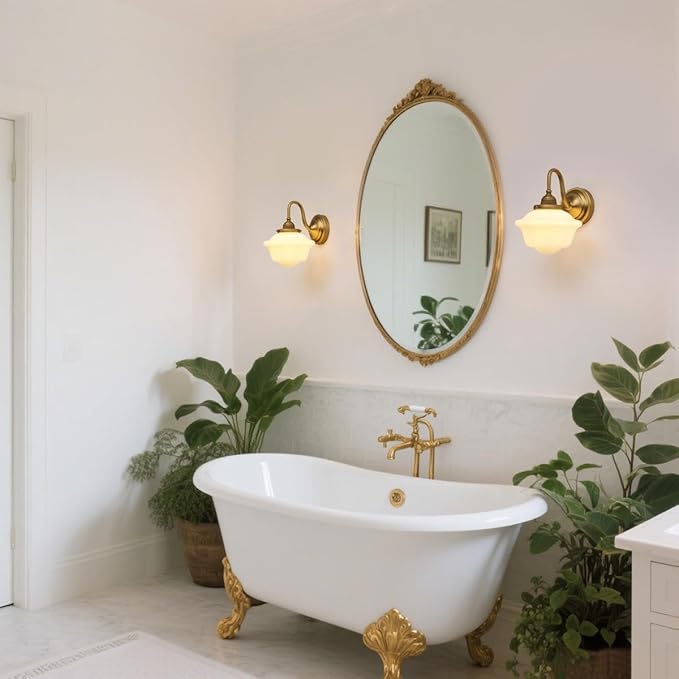 Pathson Vintage Wall Sconce with Milk White Glass, Hardwired Swan-Neck Wall Vanity Light Bathroom Sconce Fixture for Living Room, Foyer, Loft, Bedroom, Farmhouse Lamp