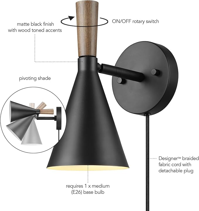 Globe Electric Plug-in or Hardwire Wall Sconce, Matte Black, Wood-Tone Switch, Metal Shade, 6-Foot Cord, 65000101