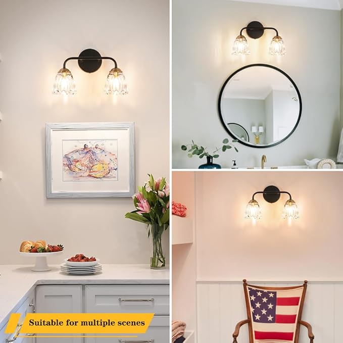 Antique 2 Light Bathroom Light Fixtures, Black and Gold Vanity Lights for Bathroom, Vanity Light Fixture with Clear Glass, Vintage Bathroom Lights over Mirror, Wall Sconce for Bedroom, Living Room