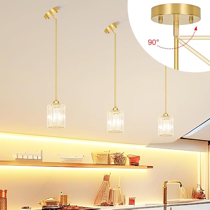 Lxybcce Gold Kitchen Pendant Lights Over Island with Adjustable Rods - Crystal Pendant Lighting Fixtures 3 Pack, Ideal Over Dining Table or Bar, E26 Bulb Compatible, No Electrician Needed