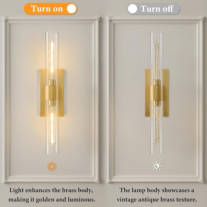 Champagne Brass Bathroom Wall Sconce - Modern Gold Light Sconces - Dimmable Lighting Fixtures - Vertical or Horizontal Mounted Clear Glass Tube Vanity Lights for Indoor Living Room Hallway