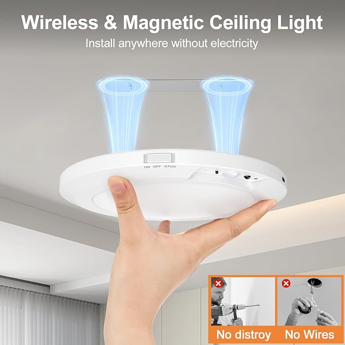 Yunaking 2 Pack Rechargeable Ceiling Light with Motion Sensor: Battery Operated LED Closet Light with Remote & Timing - Wireless Dimmable Magnetic Mount Shower Lamp for Bathroom/Stairs/Garage/Hallway