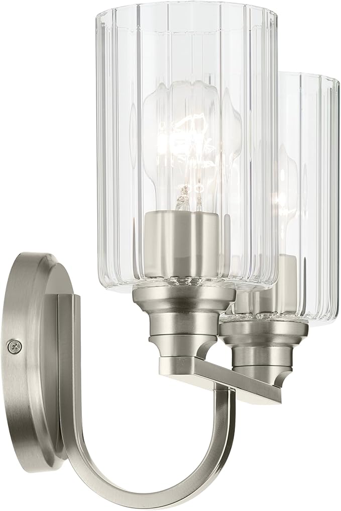Kichler Gioe 14.25" 2-Light Bathroom Vanity Light Fixture with Clear Fluted Glass in Brushed Nickel, Damp Rated for Bathroom Over Mirror (14.25" W x 10.5" H), 55225NIFLU