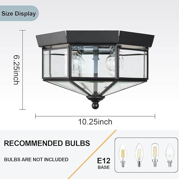Flush Mount Outdoor Ceiling Light Fixture, 4 Light Exterior Porch Ceiling Lights with Clear Glass, Black Farmhouse Lighting for Indoor Hallway Kitchen Stairway (E12 Base)