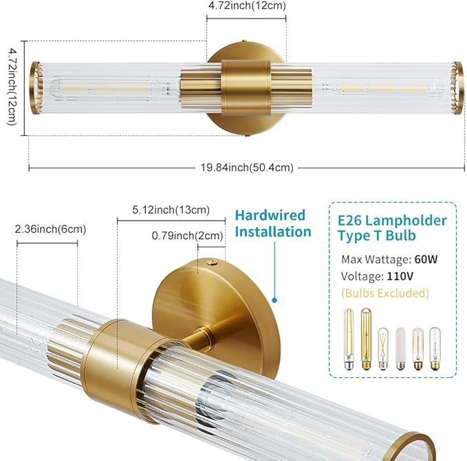 Gold Bathroom Light Fixtures 2 Pack, Vanity Lights for Mirror with Threaded Glass Shade, 20 Inch Up and Down Wall Sconces for Bathroom Bedroom Living Room Hallway - Bulb Not Included