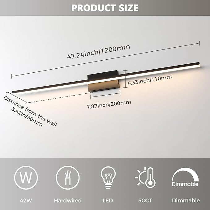 JUSHENG Black Modern LED Vanity Lights for Bathroom Light Fixtures, 47.24 Inch 42W 5CCT Dimmable Vanity Light Bar Bathroom Lighting