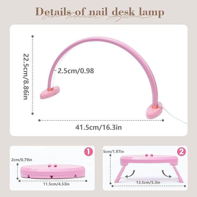 Half Moon Light for Nail Desk 16 inch Nail Desk Light Half Moon Lamp Portable Arch Lamp Dimmable with Foldable Bracket for Desk Salon Table Use, 3 Color Temperature