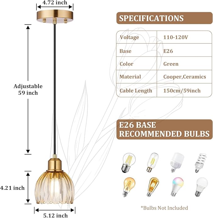 TALOYA Pendant Light 3 Pack with Amber Tulip Glass Lmapshade, Brass Vintage Pendant Light Adjustable Hanging Light for Kitchen Island Bedroom Dining Room Hallway& Bar