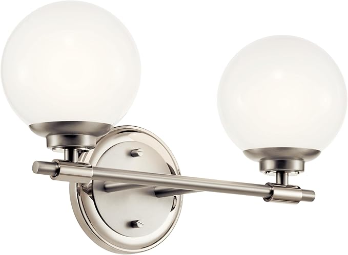 Kichler Benno 2-Light Bathroom Vanity Light Fixture with Opal Glass, Modern Brushed and Polished Nickel Finish for Powder Room or Restroom (8.75" x 14.75"), 55171PN