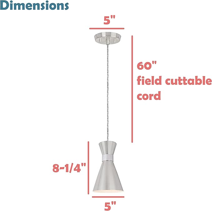 Aspen Creative 61112-11, One-Light Hanging Mini Pendant Ceiling Light, Transitional Design in Satin Nickel & Chrome Finish, 5" Wide