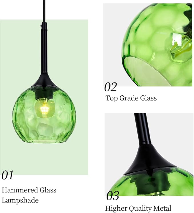 JHLBYL Glass Pendant Lights Kitchen Island: 5.91'' 1-Light Green Hammered Glass Pendant Light with Black Finish - Modern Minimalist Hanging Light Fixture for Kitchen Sink Dining Room - E26 Base