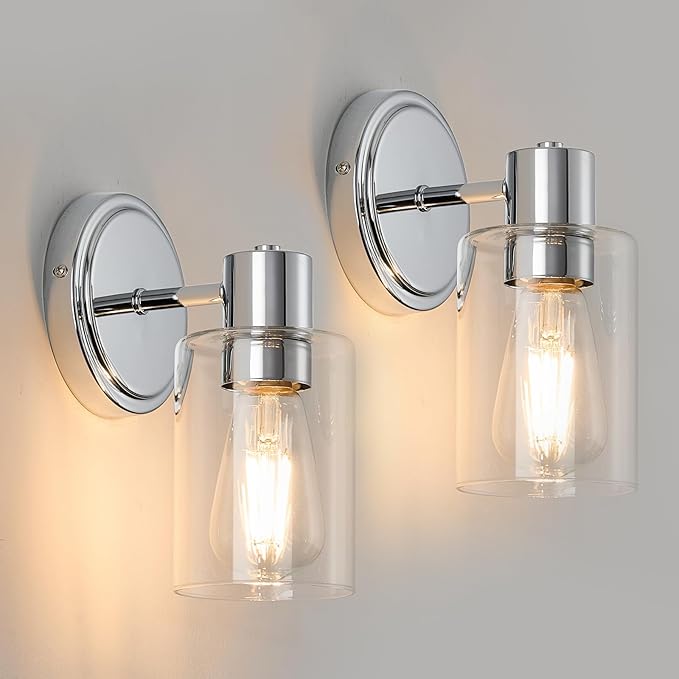 2 Light Bathroom Wall Sconce Light Fixtures with Clear Glass Bathroom Wall Lights Over Mirror Vanity Lights Chrome with E26 Base