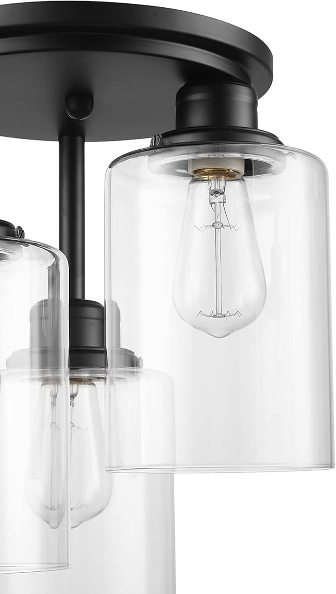 Globe Electric 65456 3-Light Flush Mount Ceiling Light, Industrial Tiered Matte Black Fixture, E26 Base, Dimmable