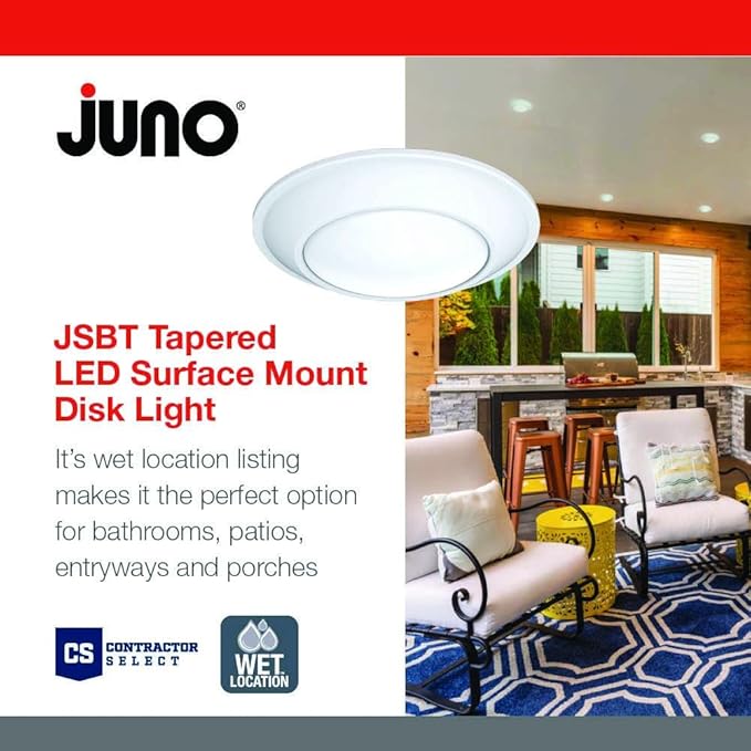 Juno SlimBasics 6 Inch LED Ceiling Light, LED Surface Mount Downlight for Shower Light or Closet Lighting, 3000K Neutral White, Tapered Trim, Wet Rated, Matte White (JSBT 6IN 30K 90CRI MW WL M6)