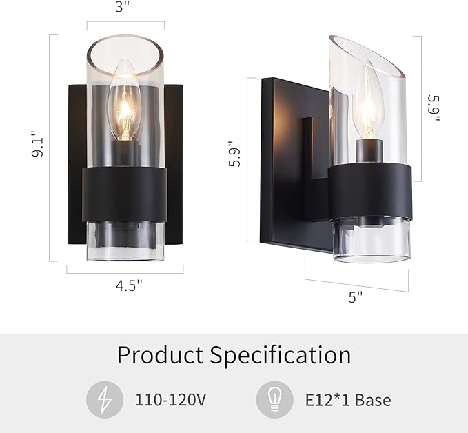 WUZUPS Set of 2 1-Light Bathroom Wall Light Fixture Over Mirror Class Shade Morden Vanity Scones for Bathroom Bedroom Living Room, E12 Base, Black