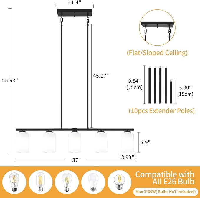 Modern Island Lights for Kitchen 5-Light Black Dining Room Light Fixtures Over Table Glass Penadnt Lights Adjustable Hanging Kitchen Island Lighting Linear Farmhouse Chandelier Over Island